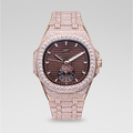 39MM Visionary Fully Iced Case & Chocolate Dial Watch - Rose Gold