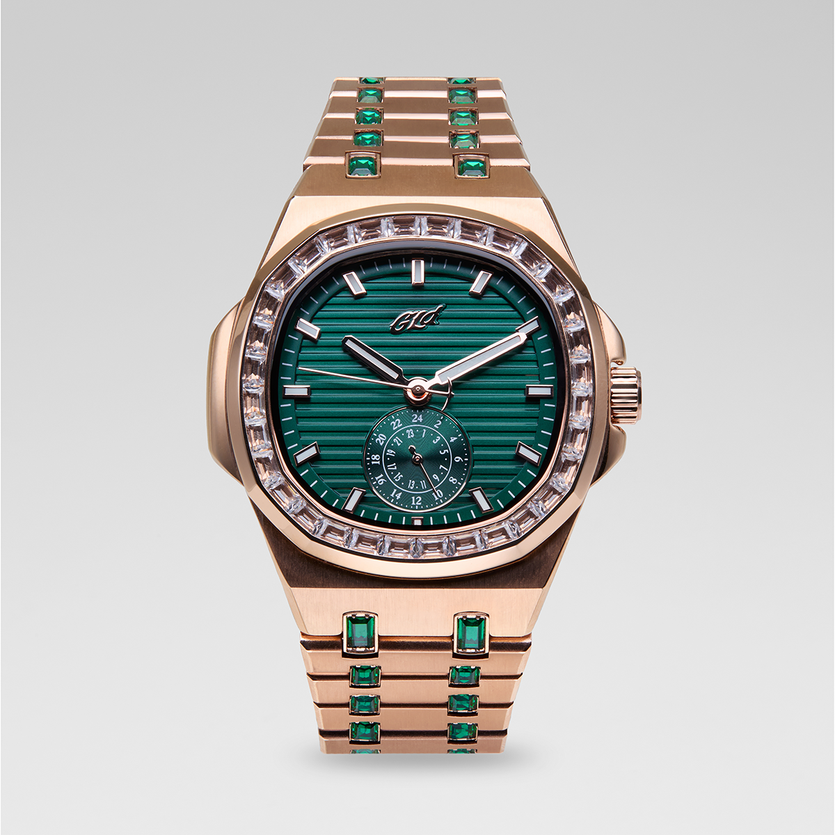 39MM Visionary Iced Emerald Stone Steel Band Watch - Rose Gold