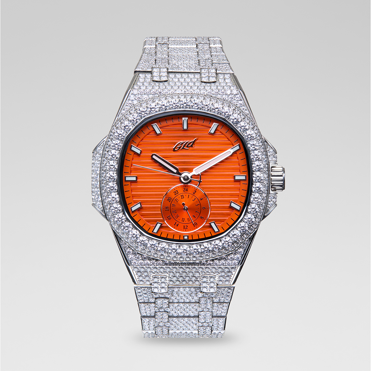 39MM Visionary Fully Iced Case & Orange Dial Watch - White Gold